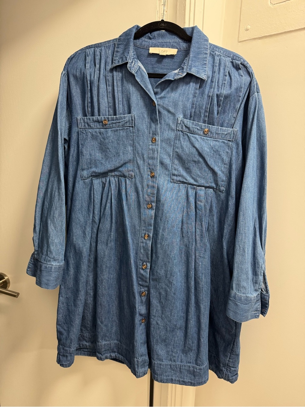 LOFT Medium Blue Denim Button-Front Shirt with Chest Pockets